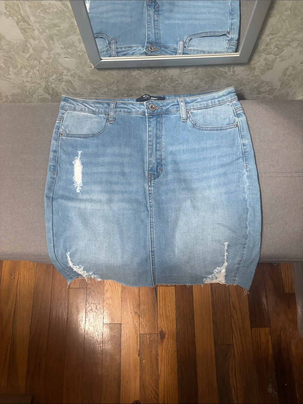 Wax Jean Light Blue Distressed Denim Mini Skirt